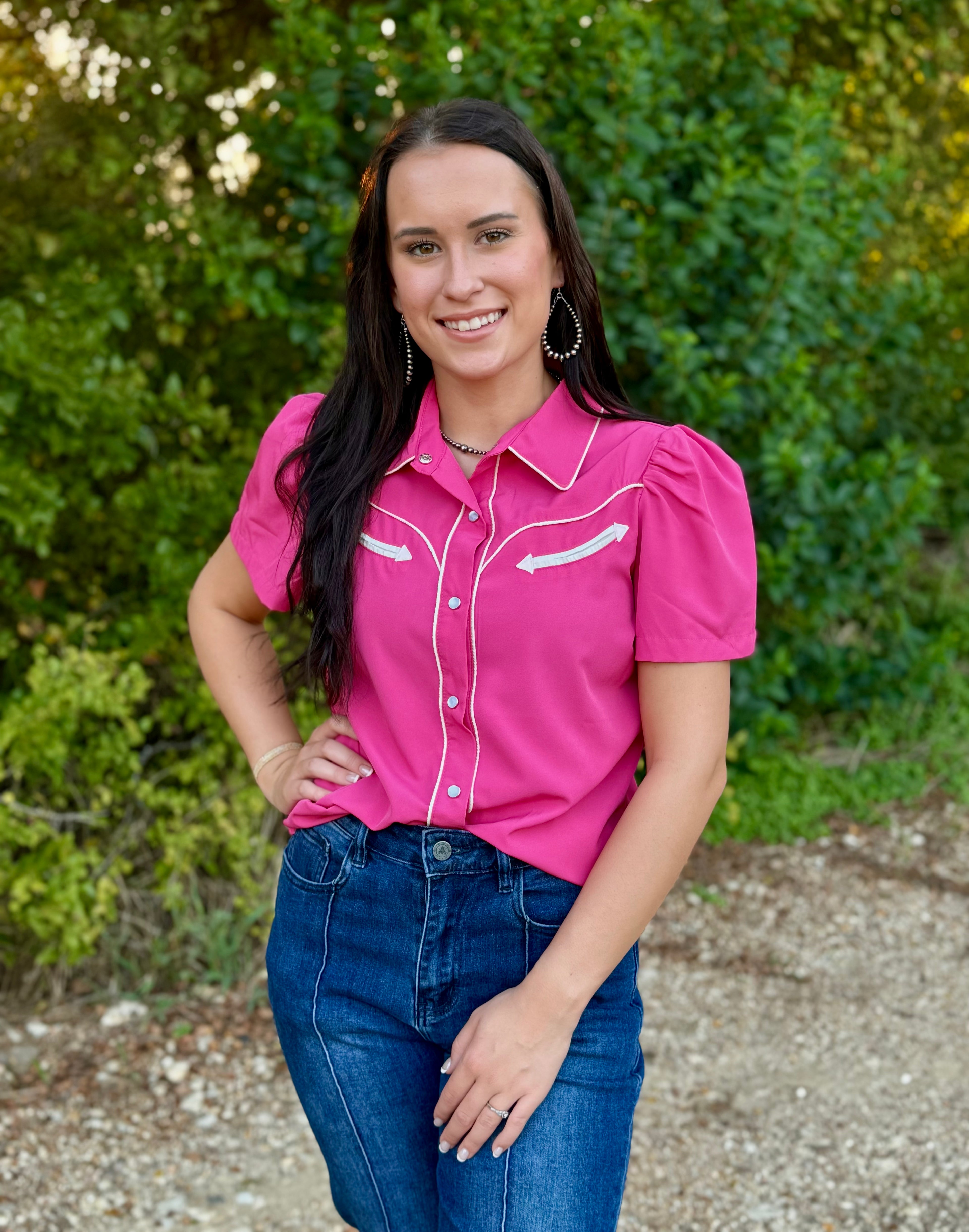 Pink Short Sleeve Pearl Snap Shirt