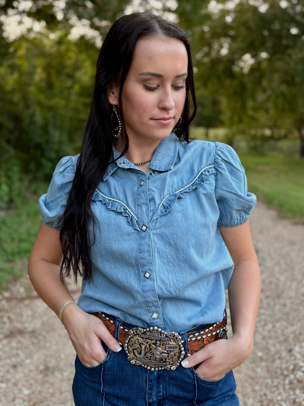 Denim Ruffle Pearl Snap