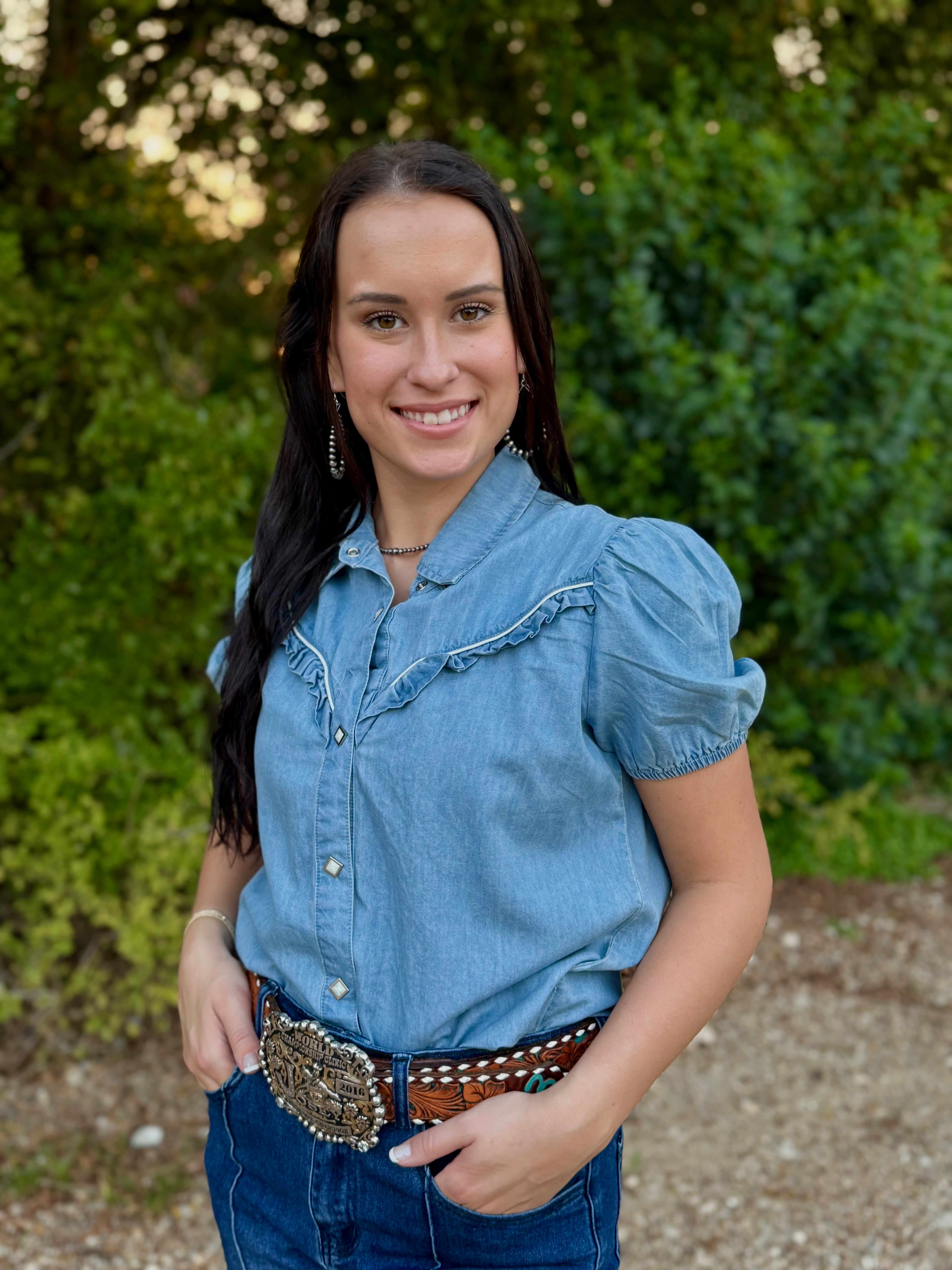 Denim Ruffle Pearl Snap