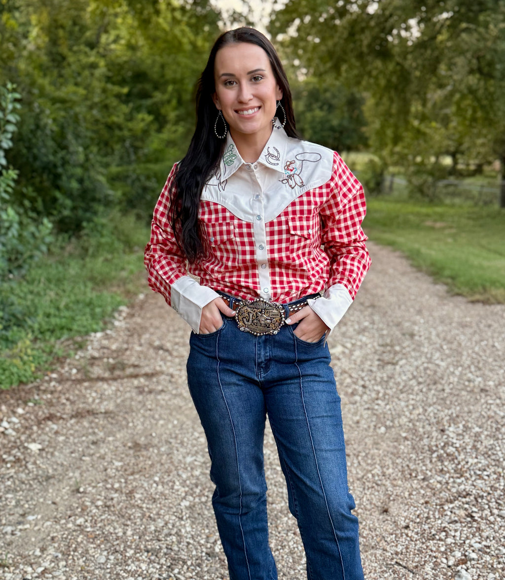 Embroidered Cowboy Red Checkered Long Sleeve Pearl Snap