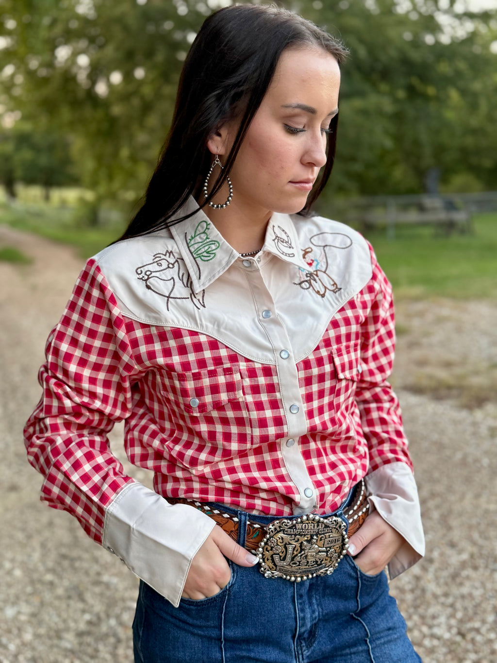 Embroidered Cowboy Red Checkered Long Sleeve Pearl Snap