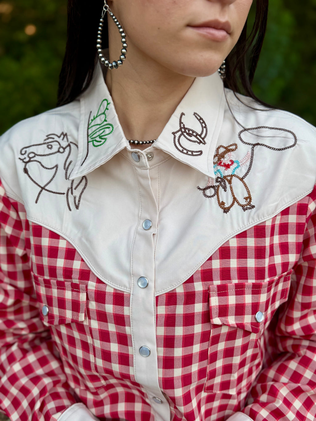 Embroidered Cowboy Red Checkered Long Sleeve Pearl Snap