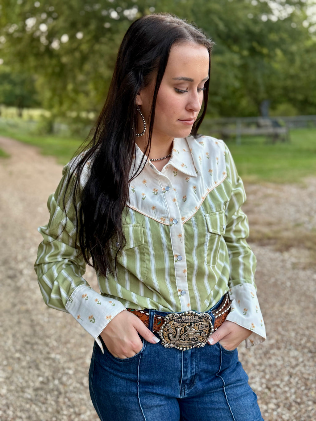 Olive Stripe Daisy Long Sleeve Pearl Snap