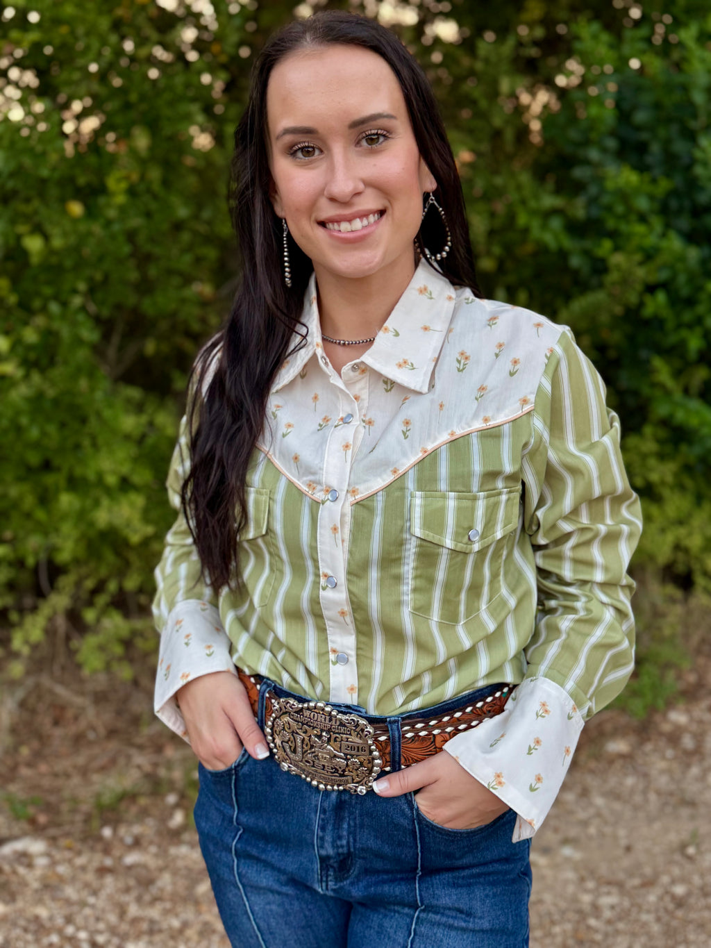 Olive Stripe Daisy Long Sleeve Pearl Snap