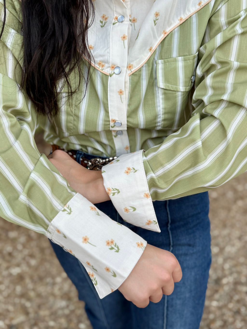 Olive Stripe Daisy Long Sleeve Pearl Snap