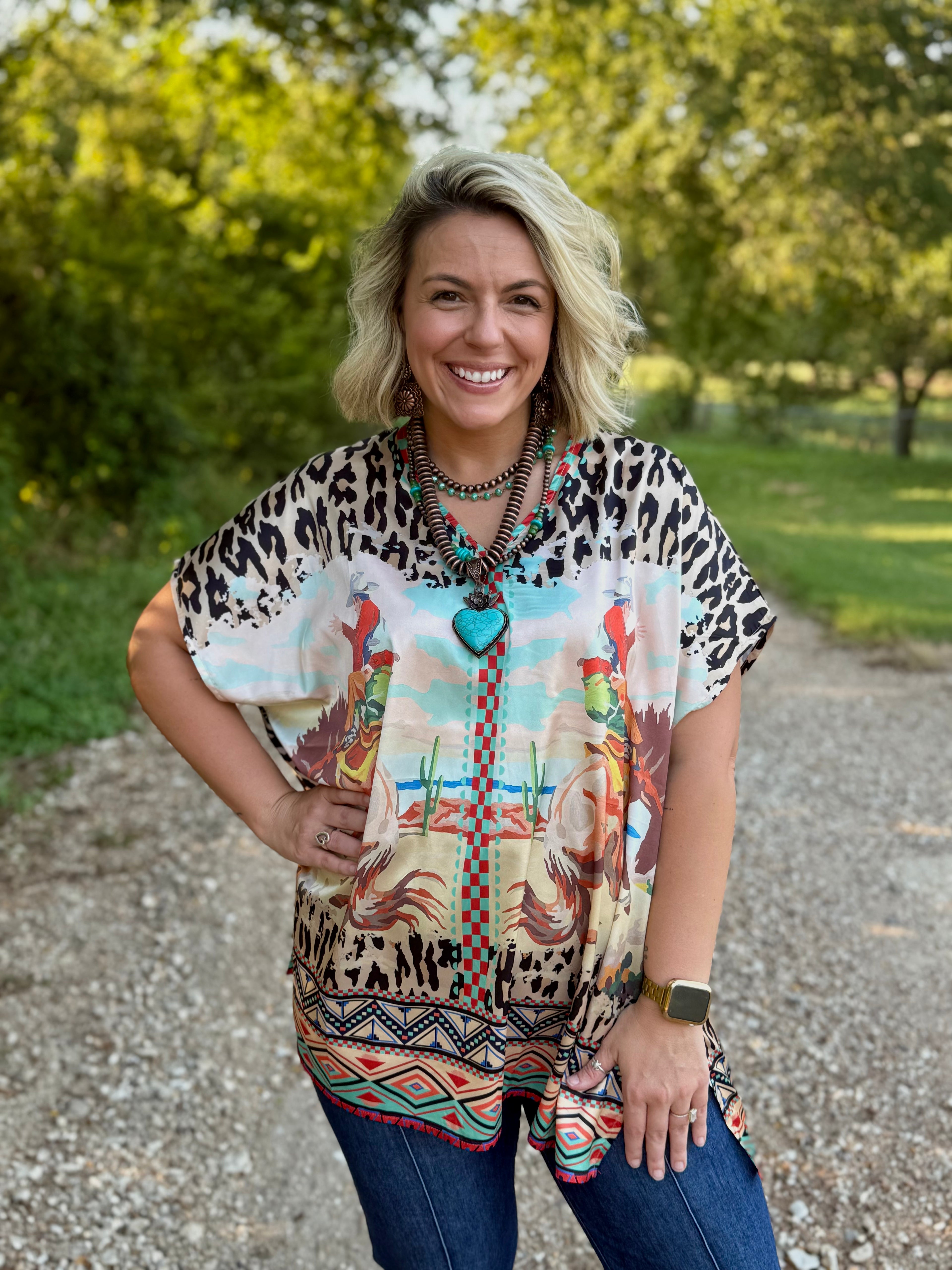 Cheetah Bronc Satin Top