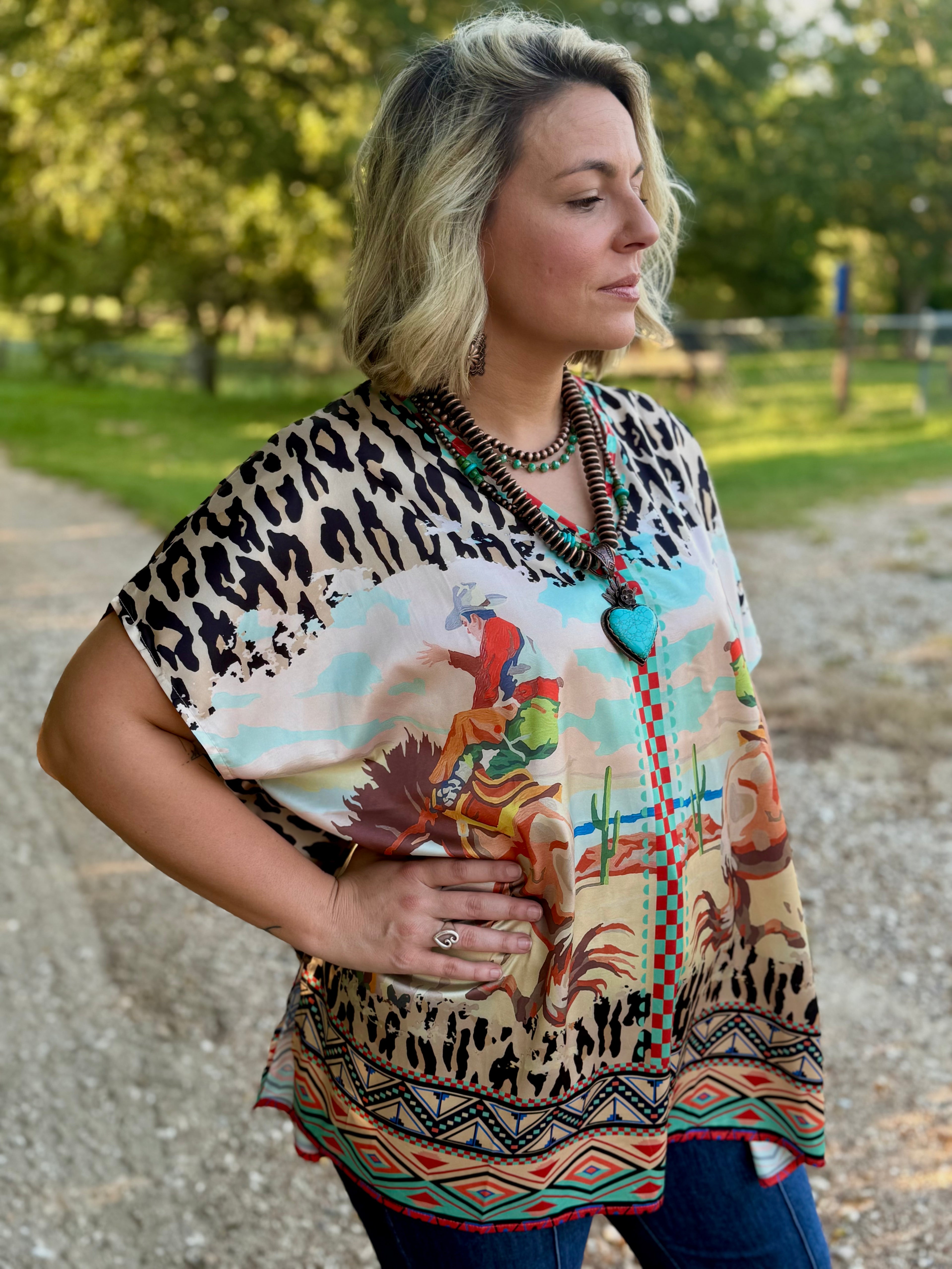 Cheetah Bronc Satin Top