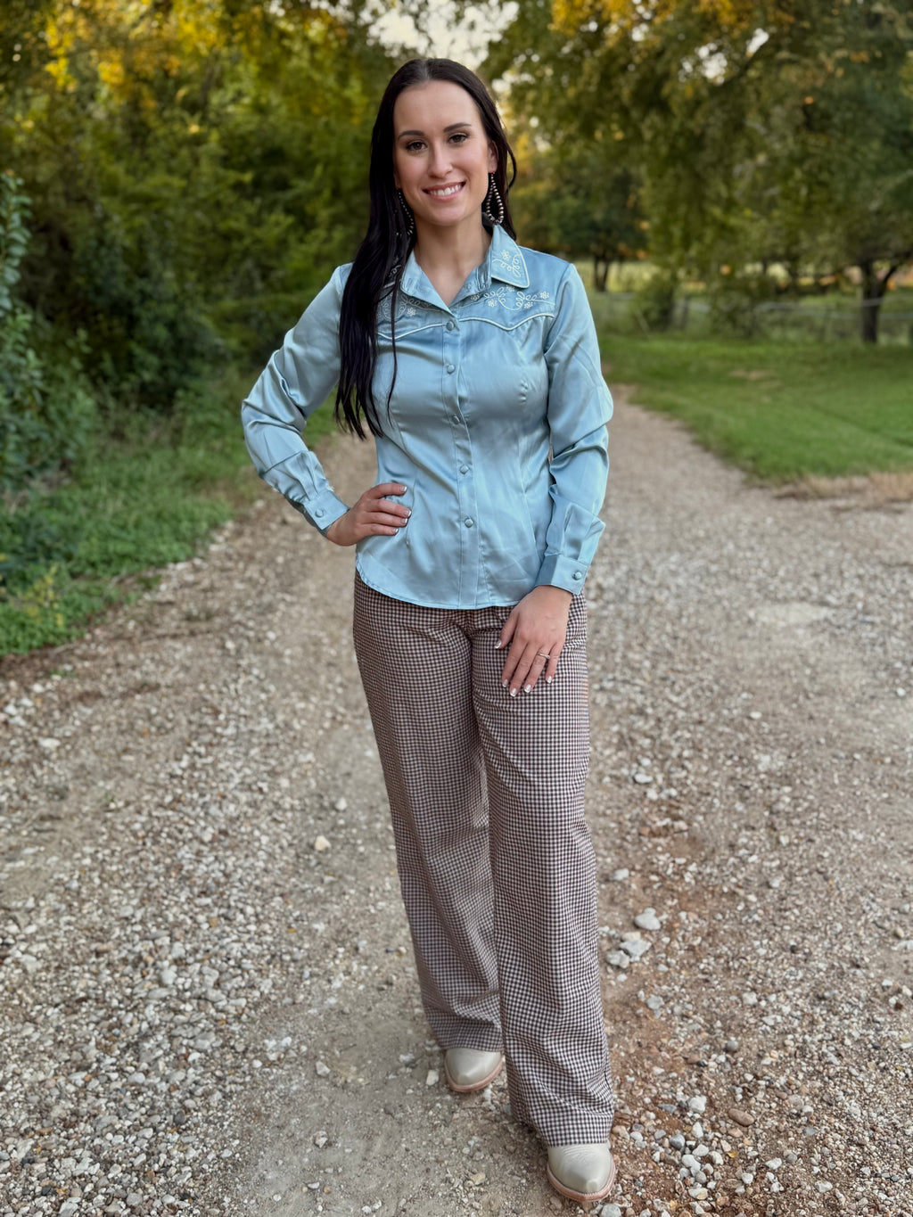 Blue Satin Long Sleeve Top