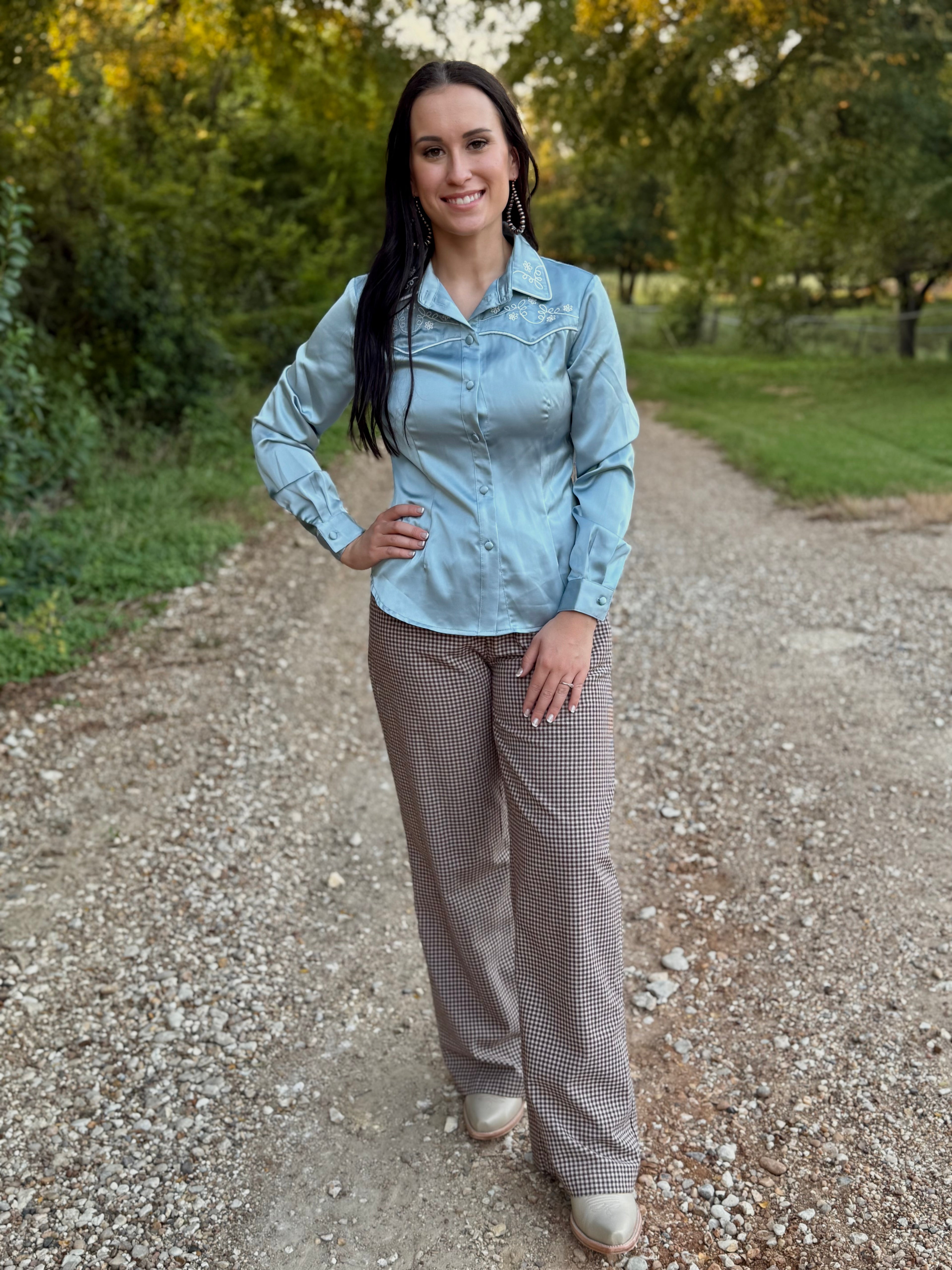 Blue Satin Long Sleeve Top