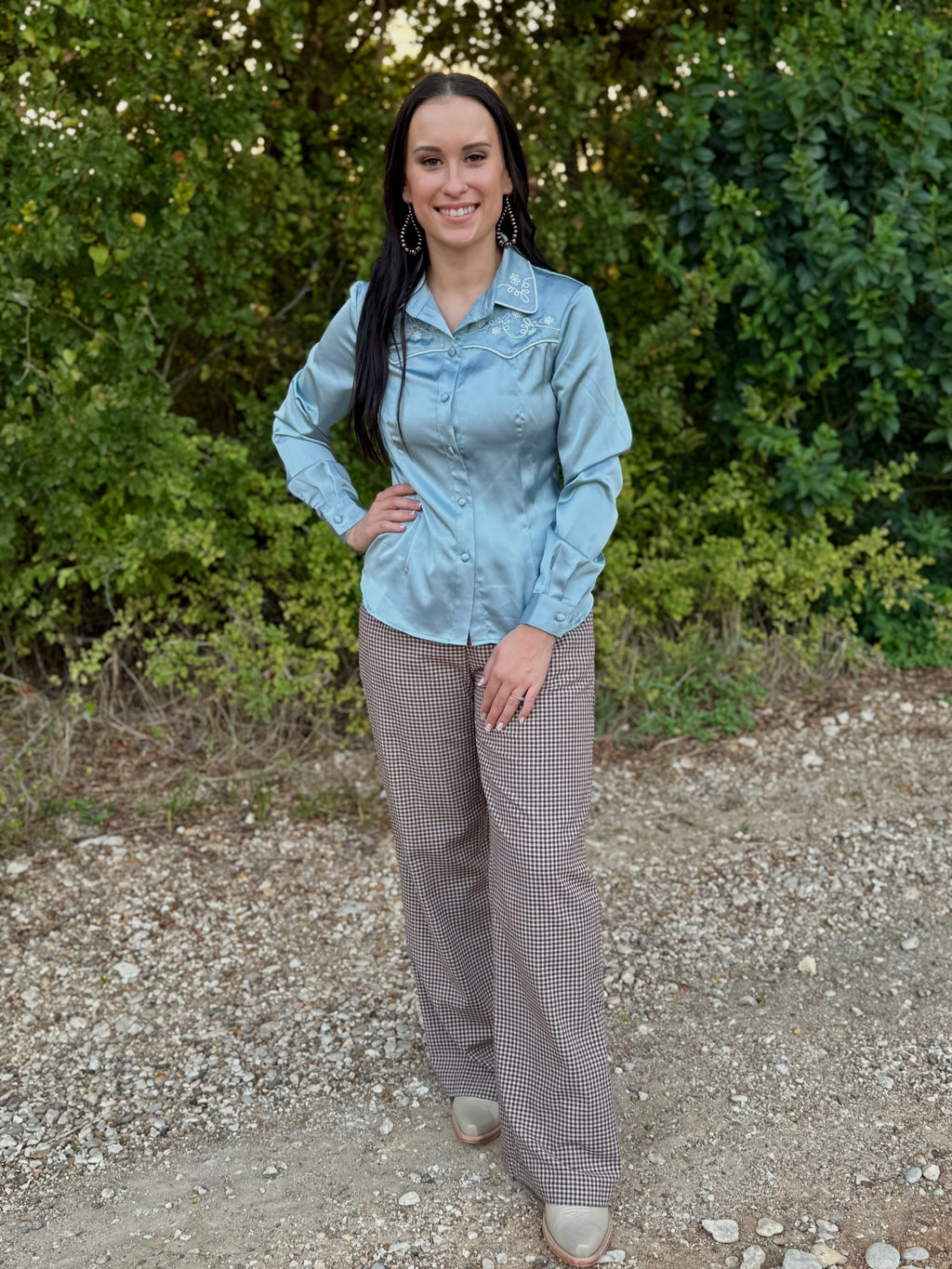 Blue Satin Long Sleeve Top