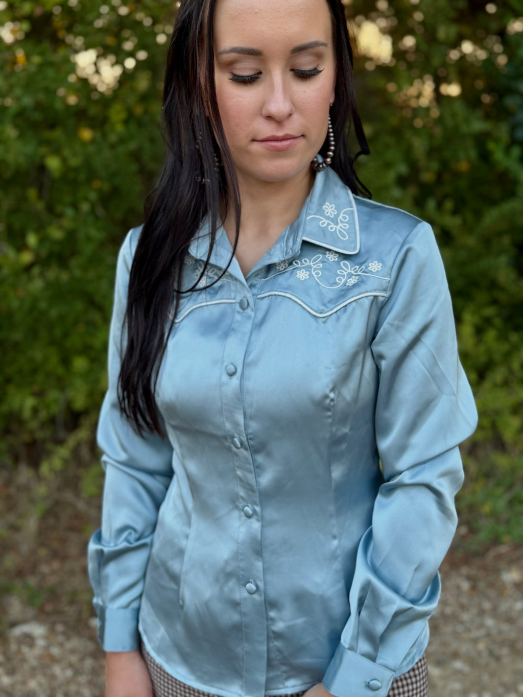 Blue Satin Long Sleeve Top