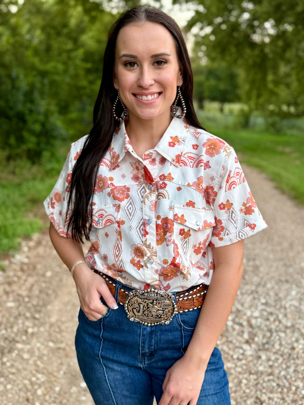 Orange Flower Short Sleeve Pearl Snap