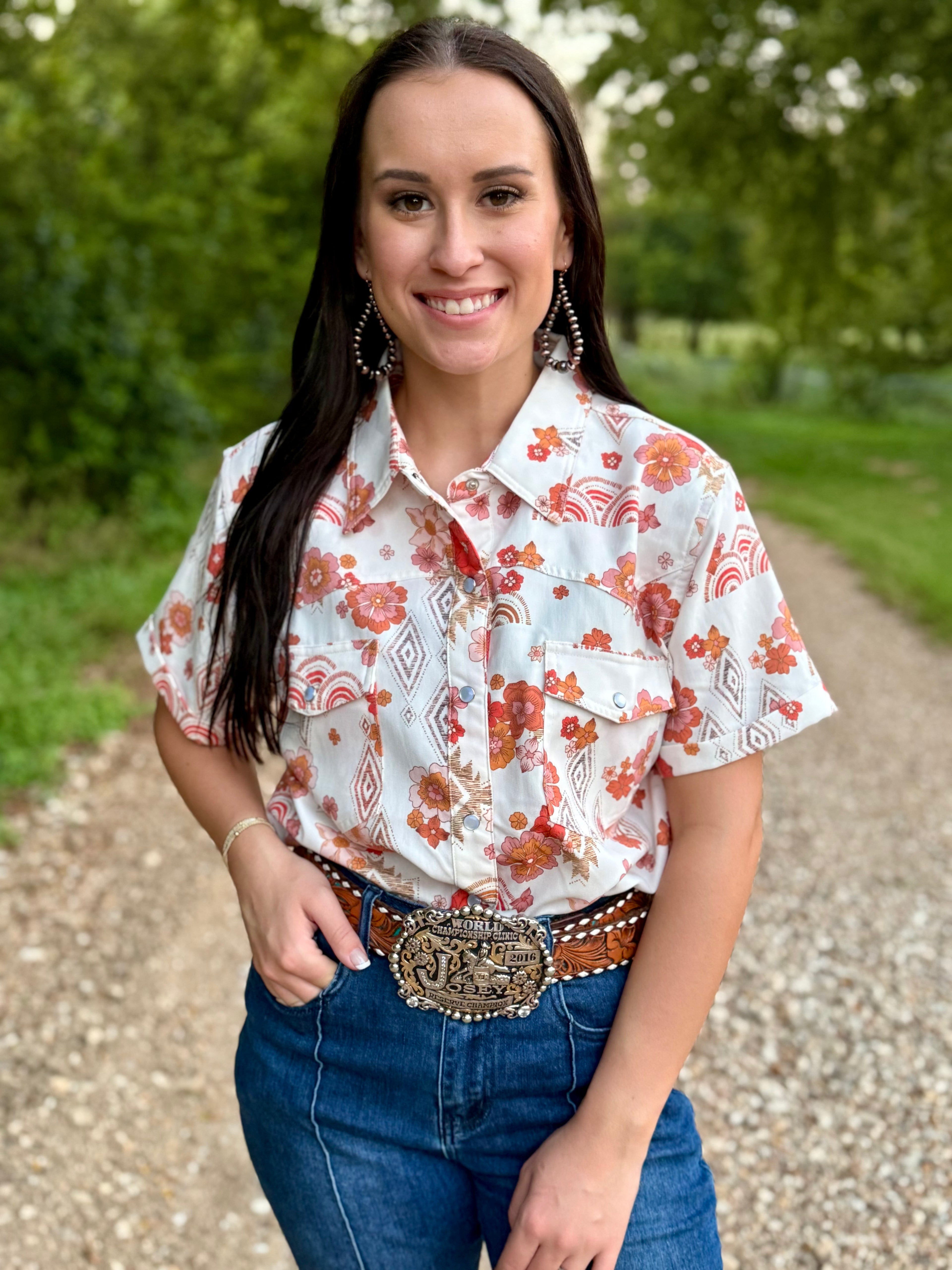 Orange Flower Short Sleeve Pearl Snap