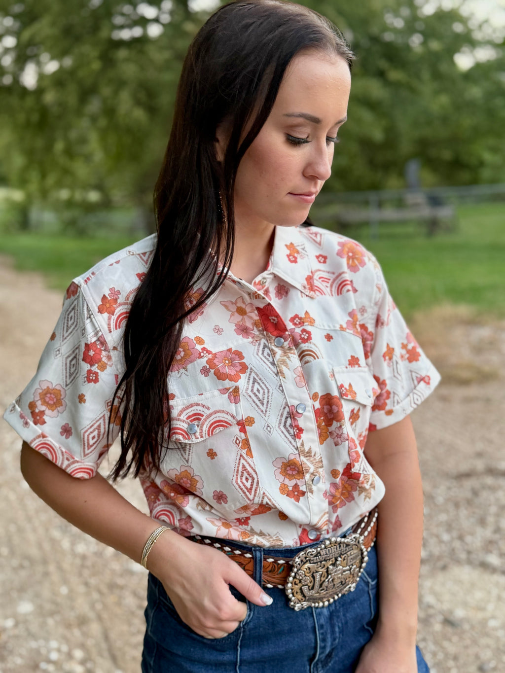 Orange Flower Short Sleeve Pearl Snap