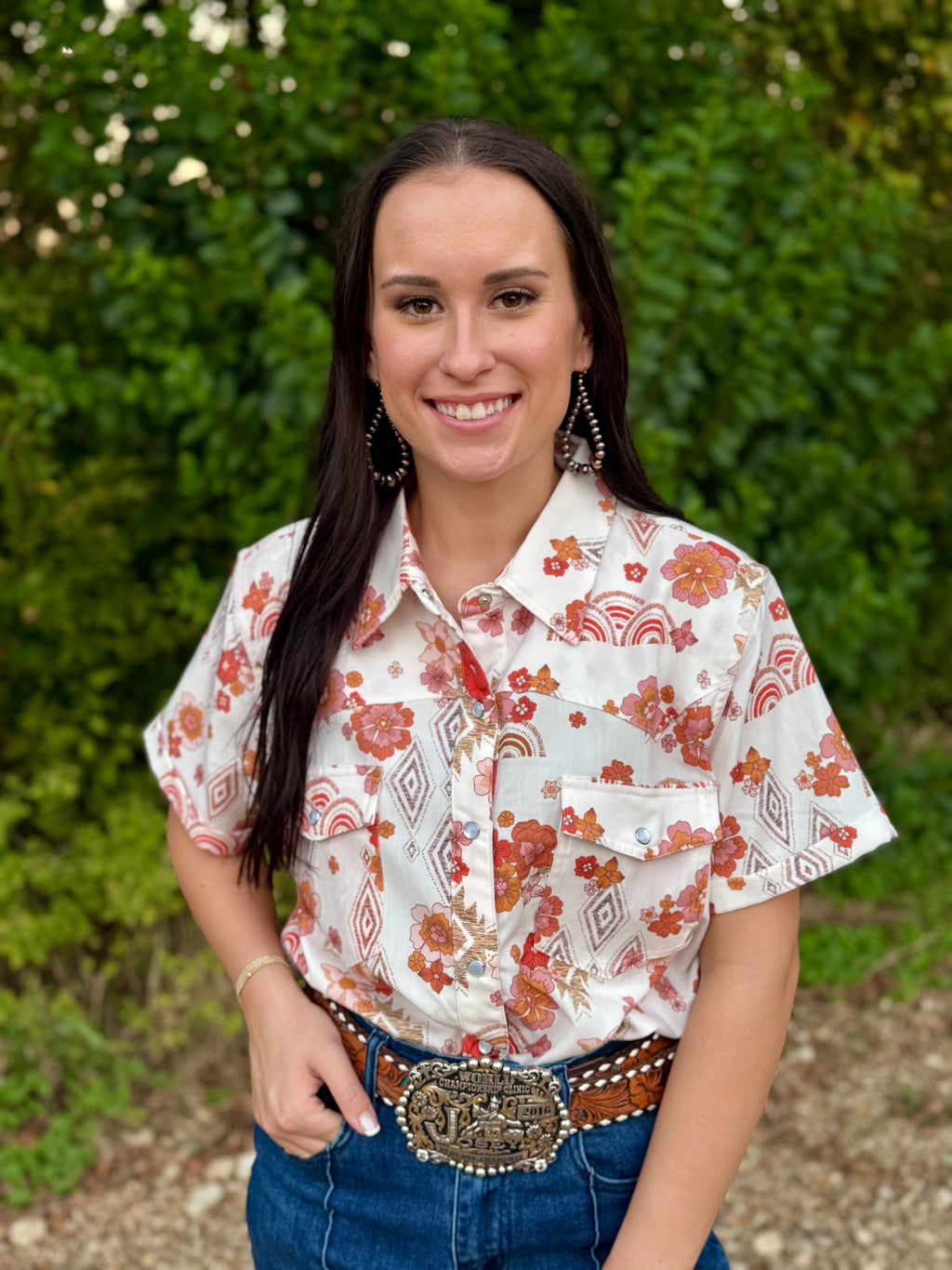 Orange Flower Short Sleeve Pearl Snap