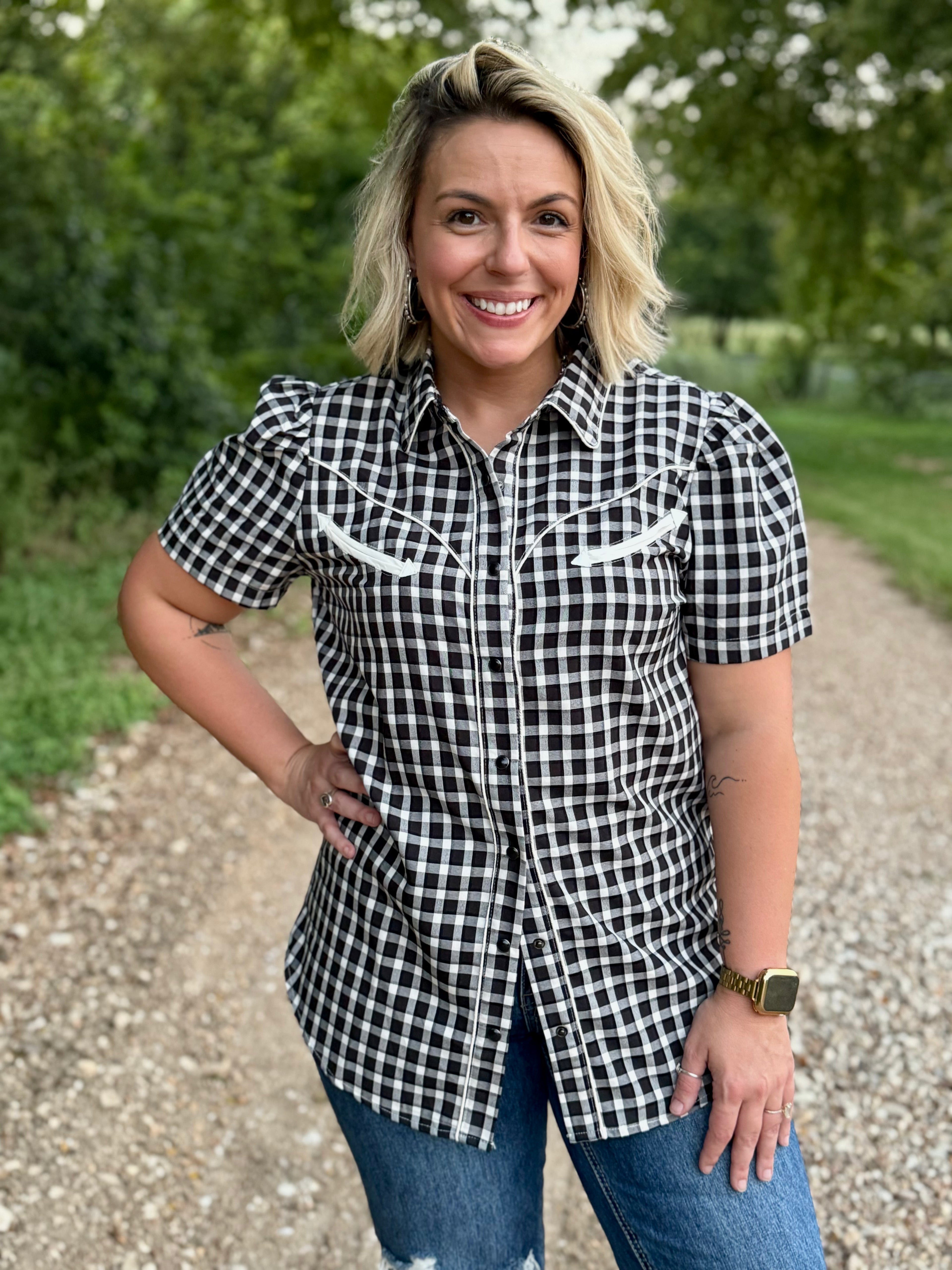 Black Gingham Short Sleeve Pearl Snap