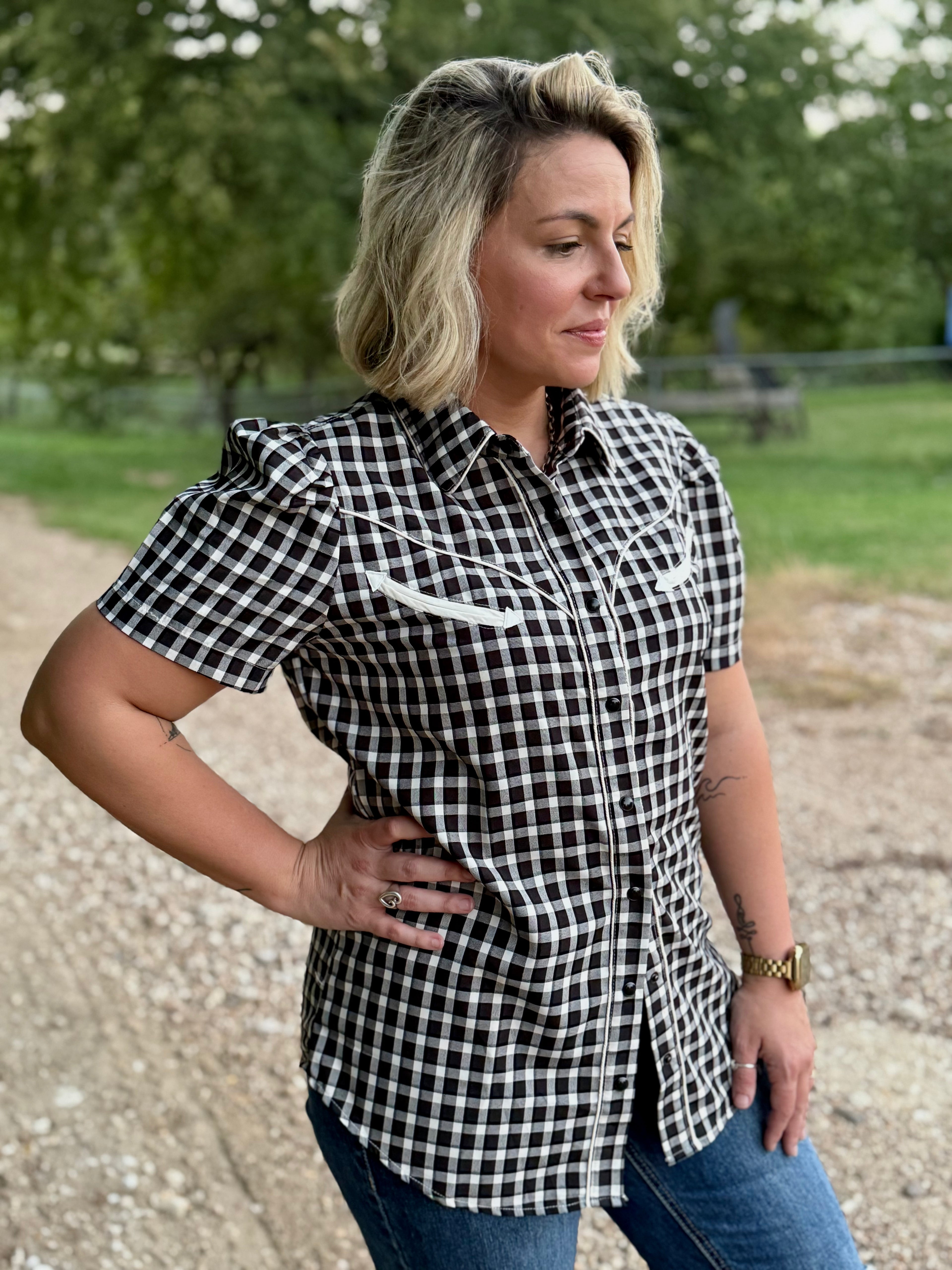 Black Gingham Short Sleeve Pearl Snap