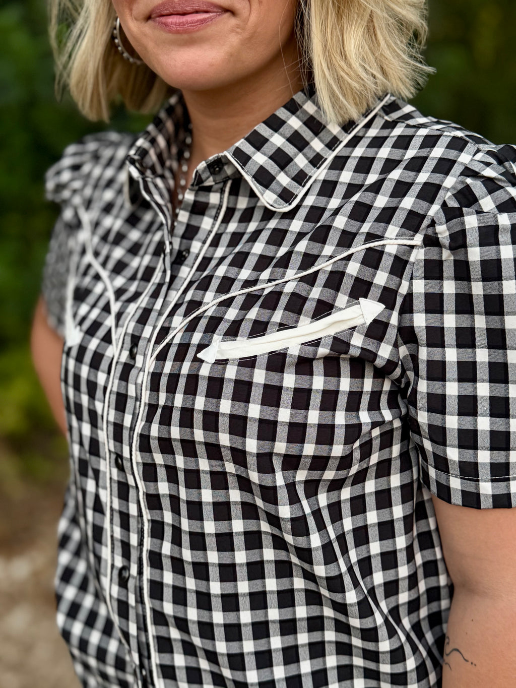 Black Gingham Short Sleeve Pearl Snap