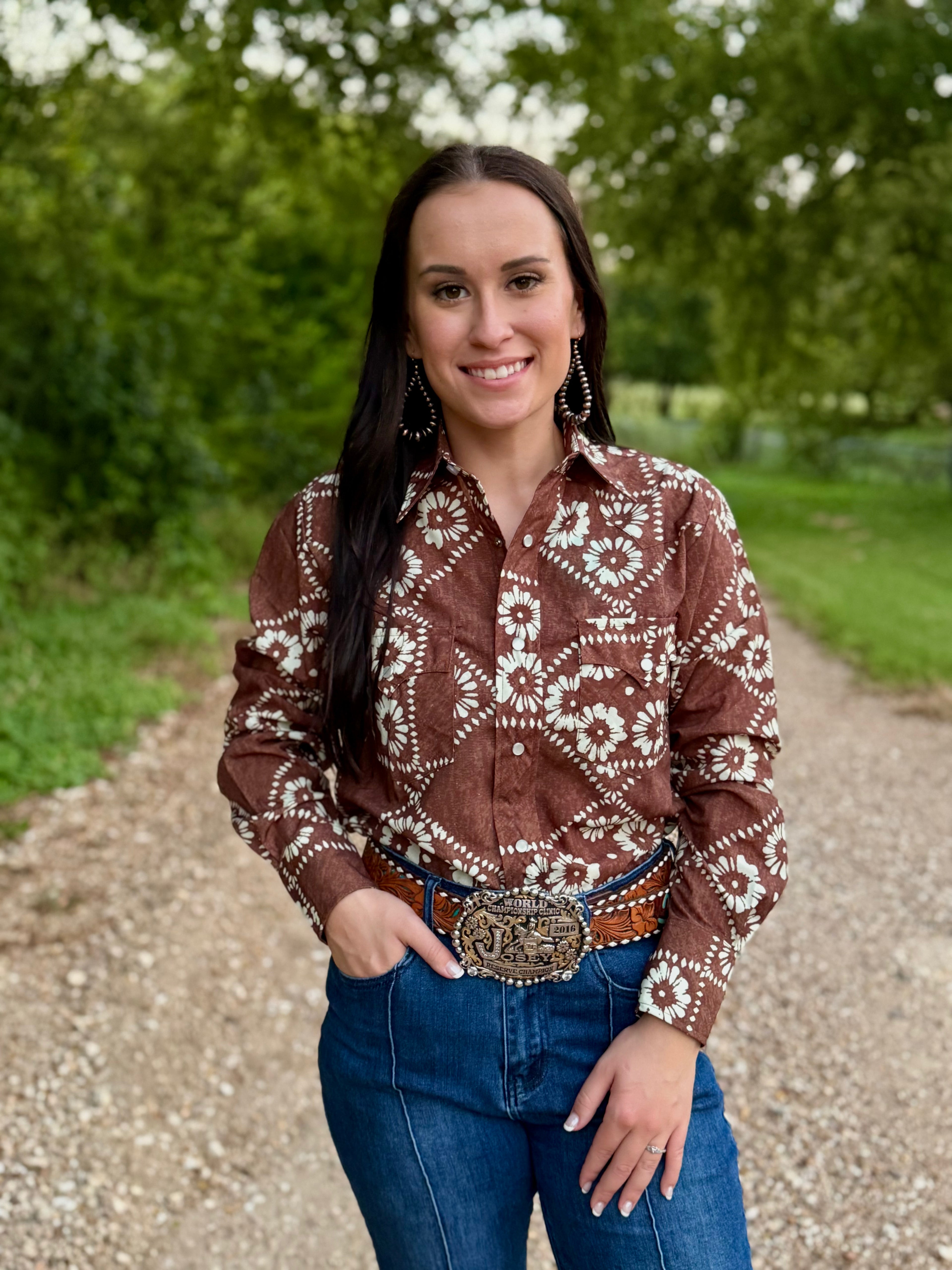 Vintage Brown Floral Long Sleeve Pearl Snap