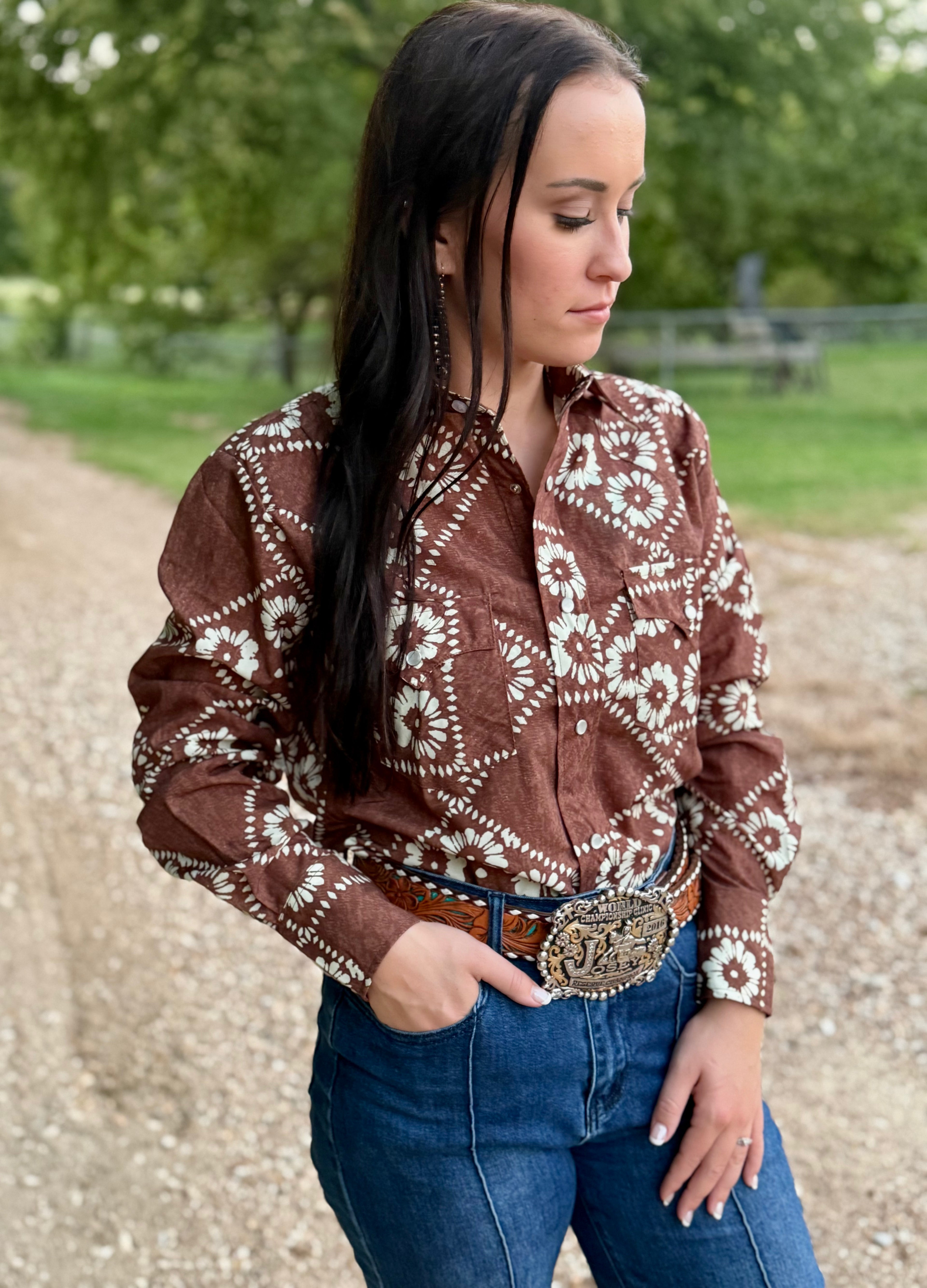Vintage Brown Floral Long Sleeve Pearl Snap