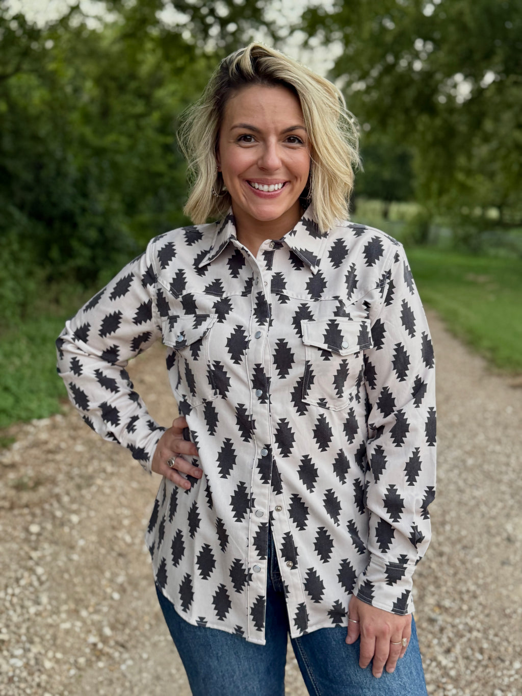 Black Aztec Long Sleeve Pearl Snap