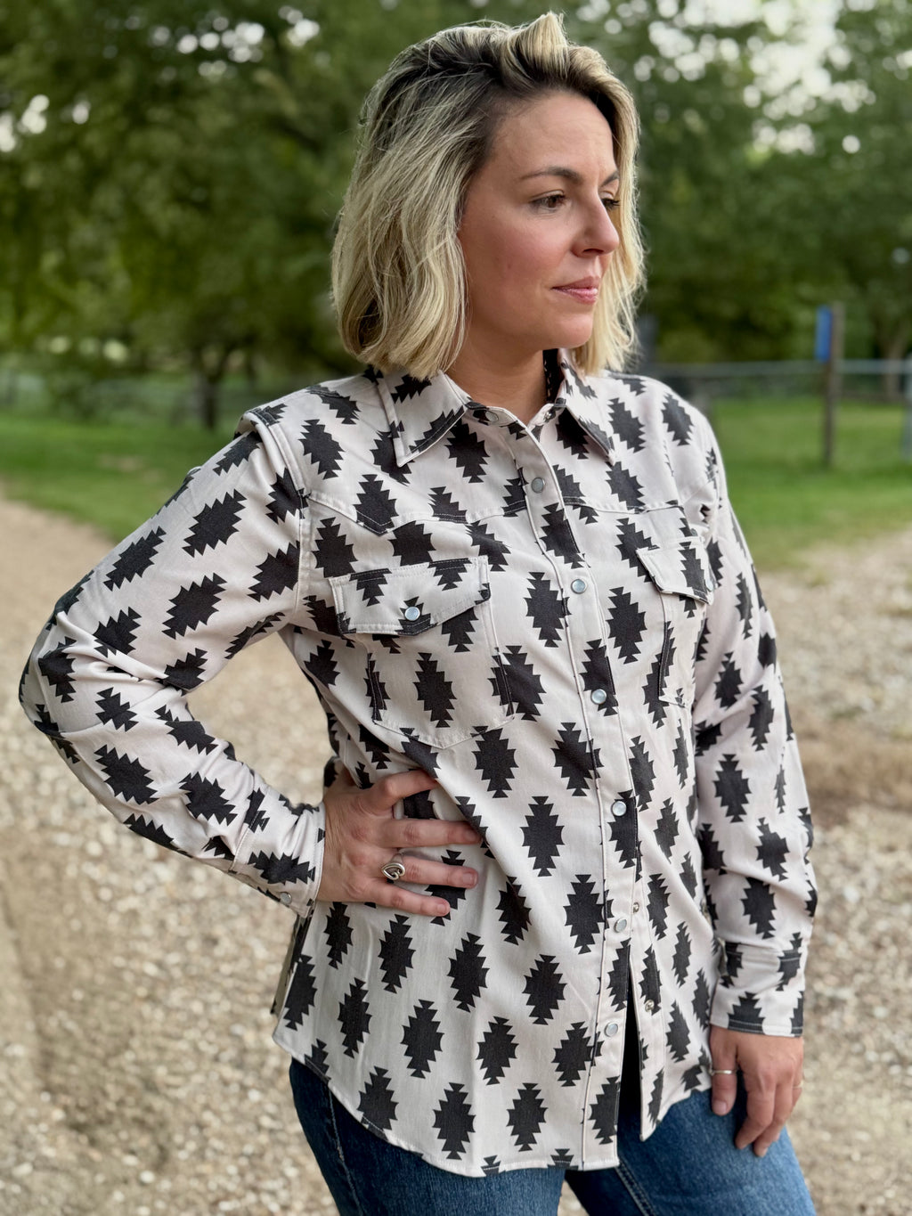 Black Aztec Long Sleeve Pearl Snap