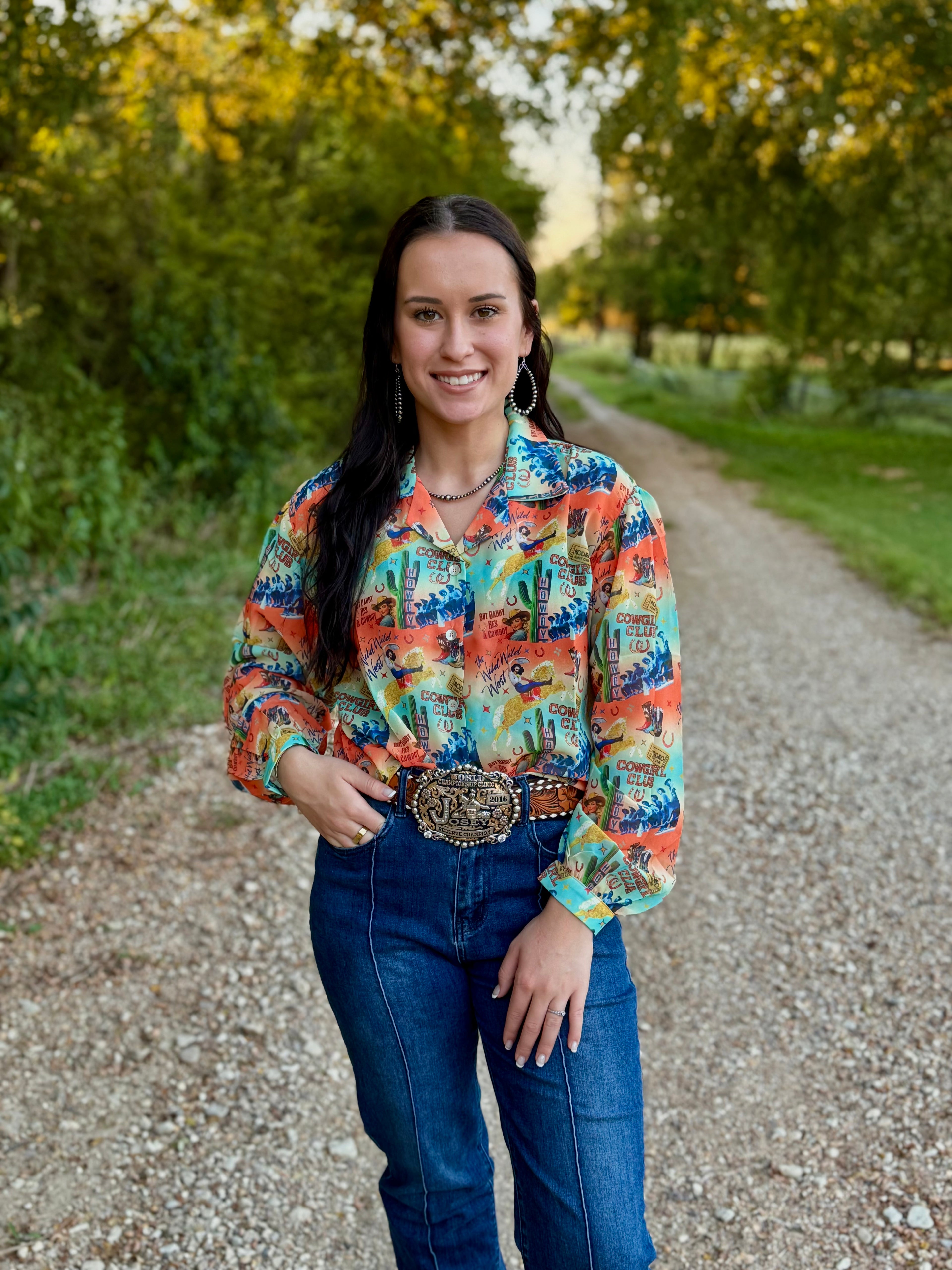 Cowgirl Collage Sheer Long Sleeve Top