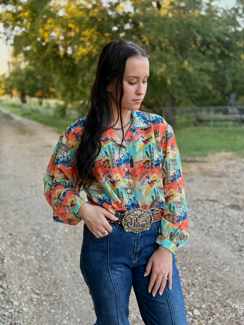 Cowgirl Collage Sheer Long Sleeve Top