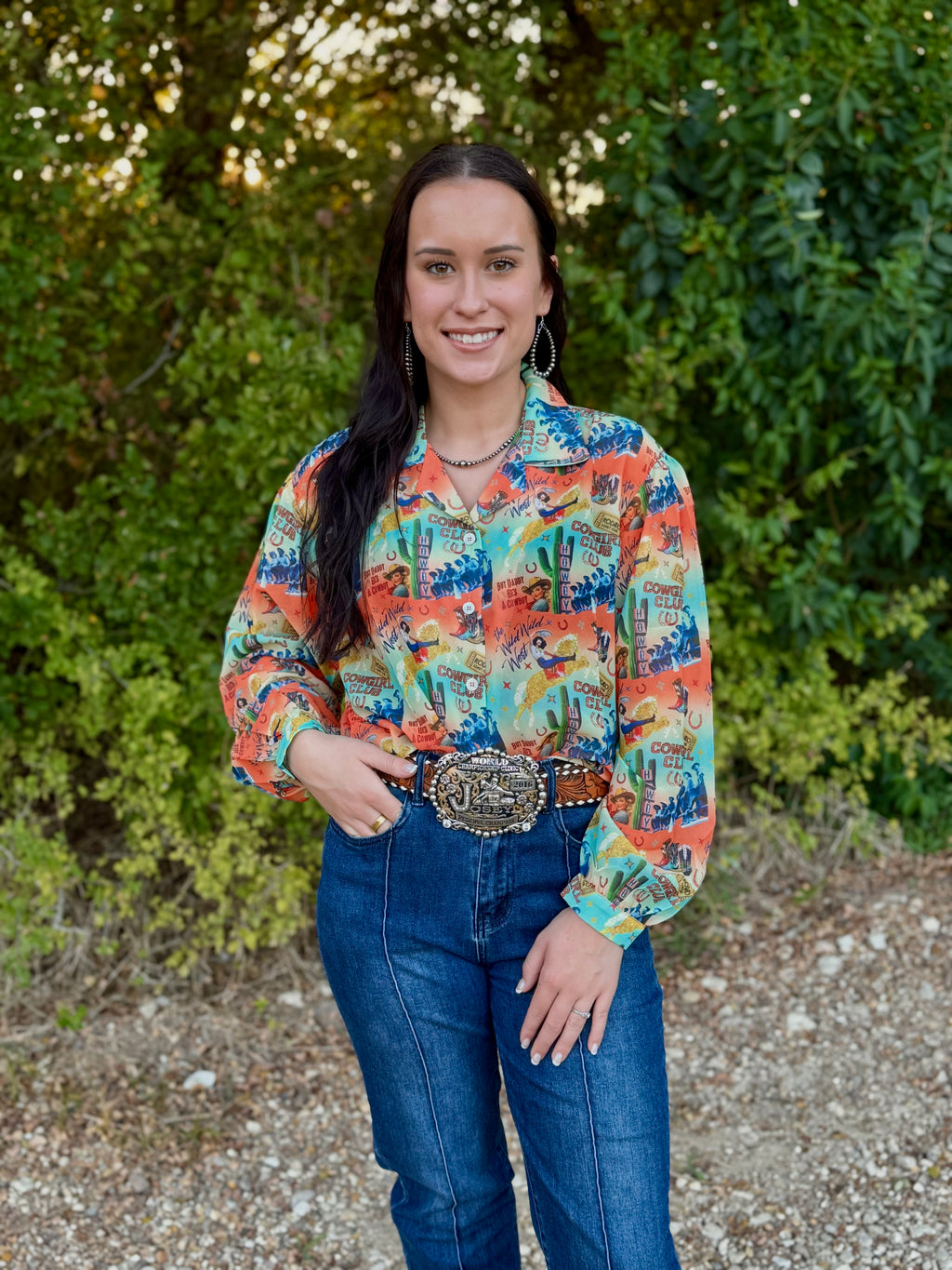 Cowgirl Collage Sheer Long Sleeve Top