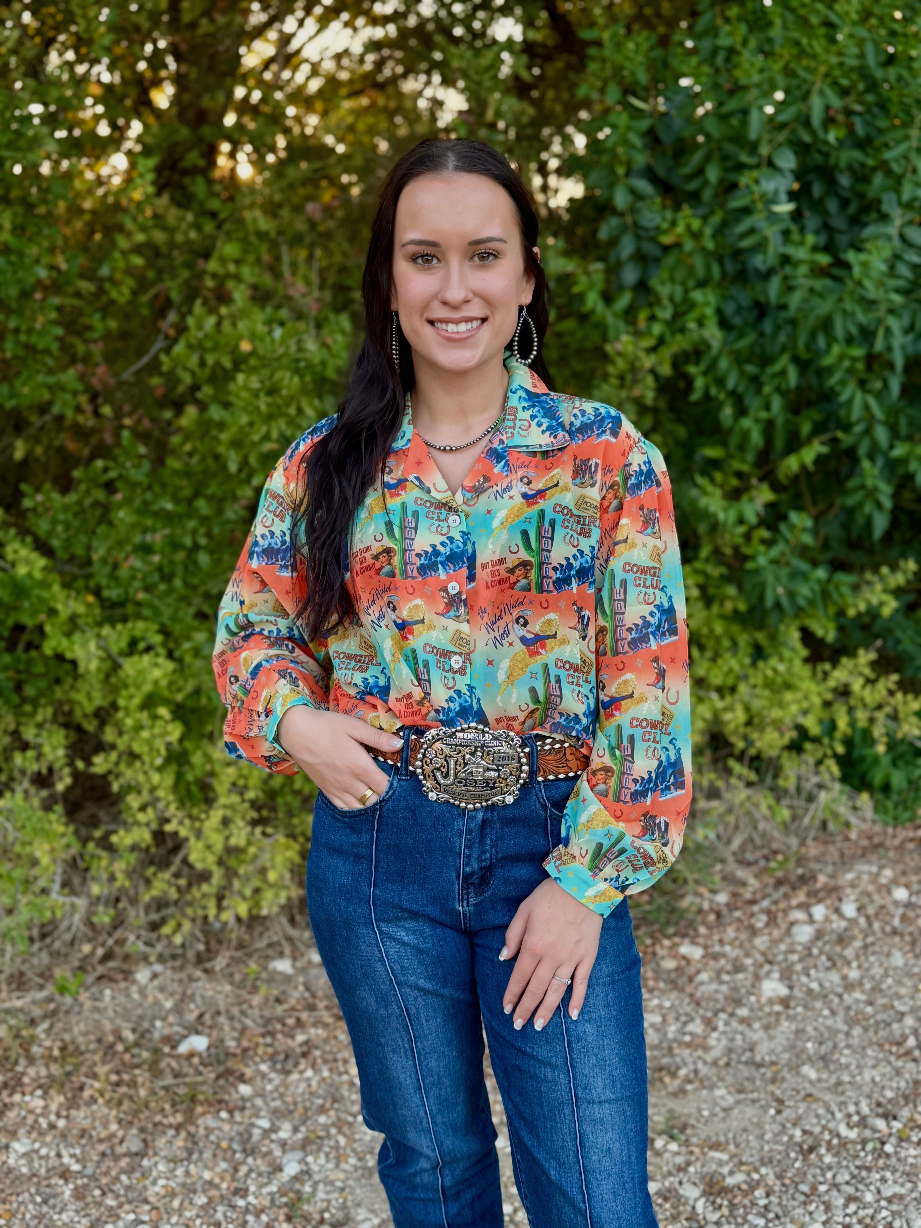 Cowgirl Collage Sheer Long Sleeve Top