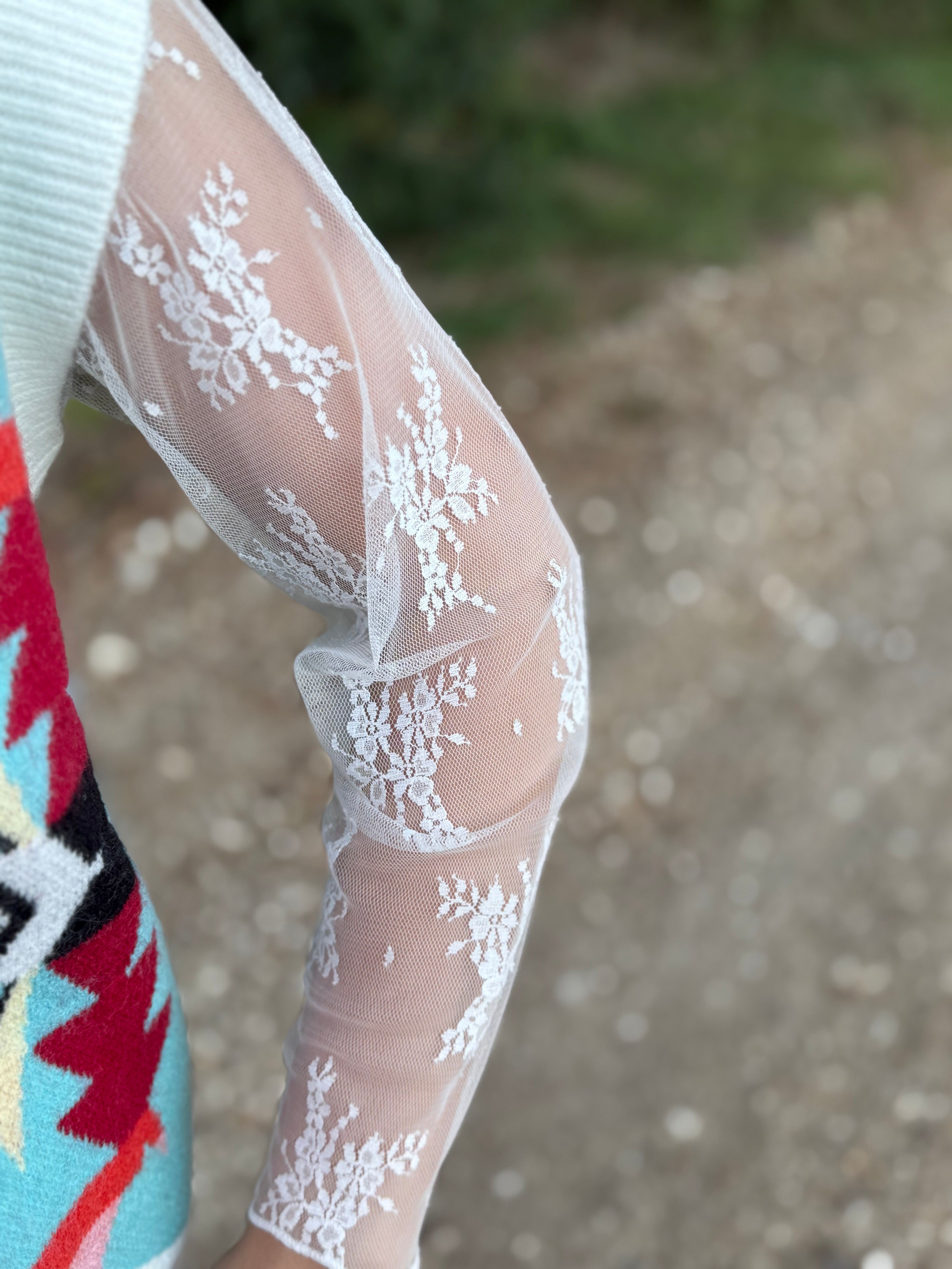 White Lace Mesh Long Sleeve Top