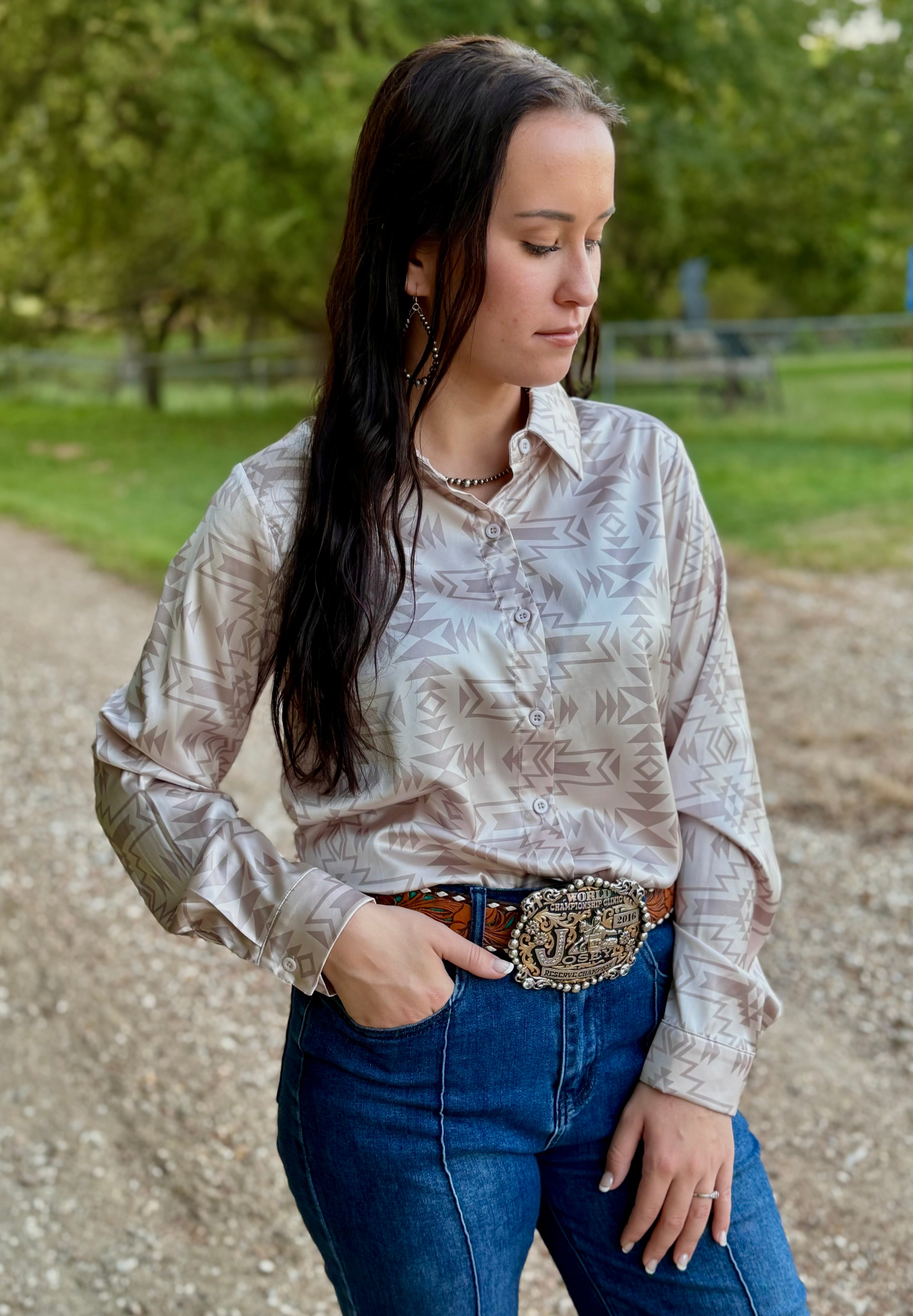 Khaki Cream Aztec Long Sleeve Top