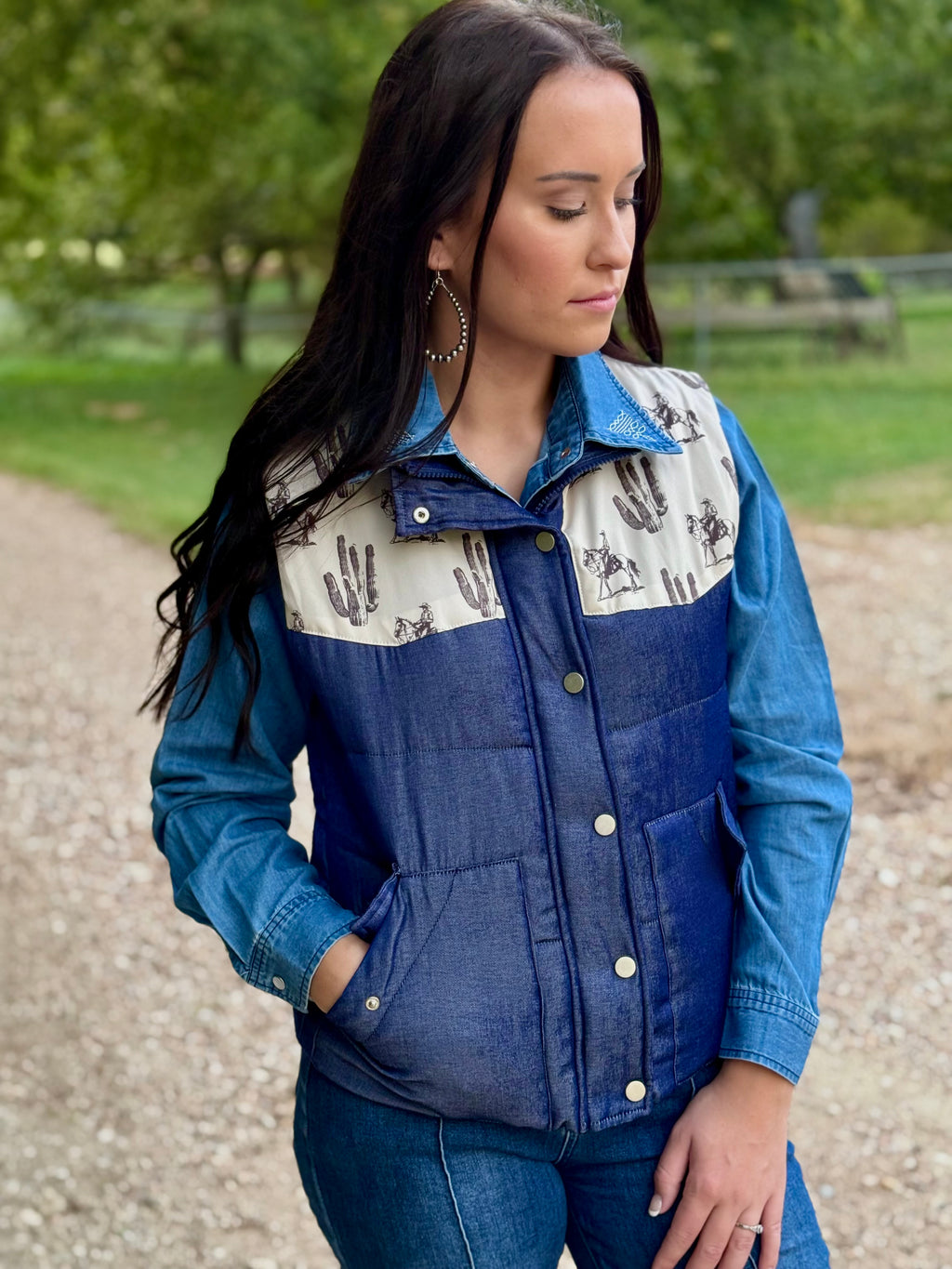 Denim Country Road Puffer Vest