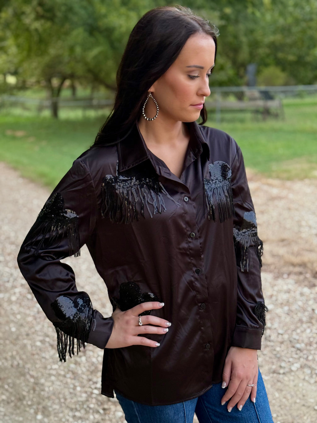 Cowboy Hat Sequin Satin Top